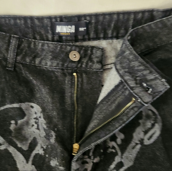 Minga London Bones Black Washed Denim Jeans Skeleton Print Wide Baggy Leg SZ 36 - Picture 12 of 16